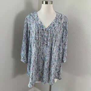 Rose+Olive Womens 1X Floral Blouse 3/4 Sleeves V Neck Button Front Shirt Top